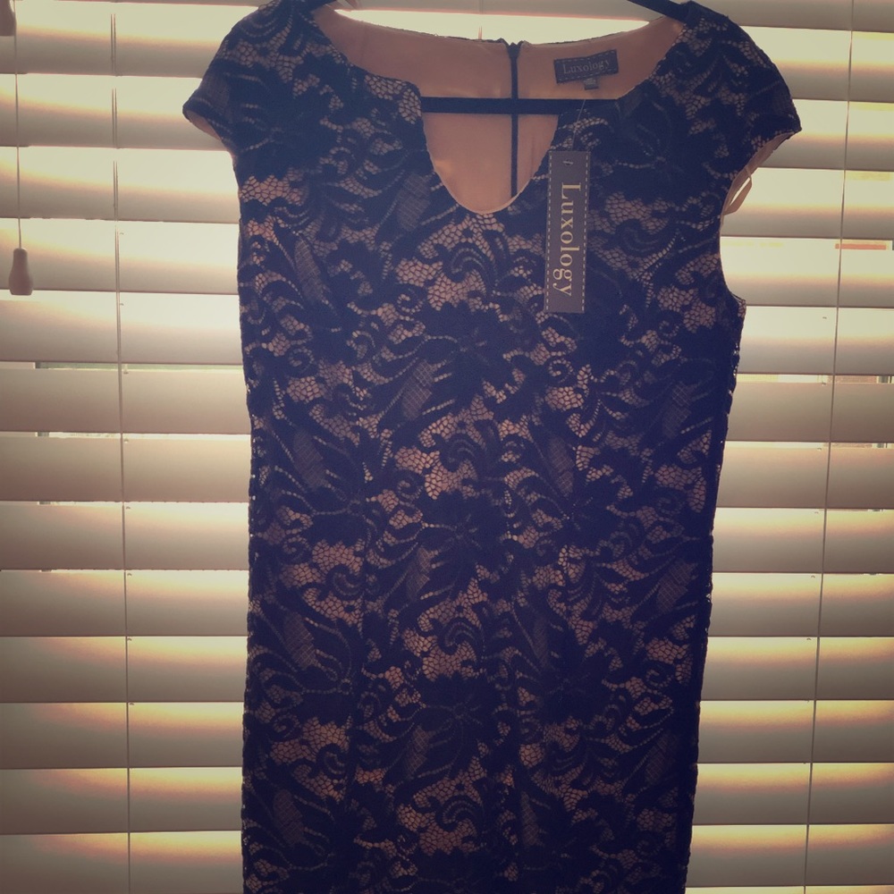 NWT Luxology, Size 10, navy/beige lace dress
